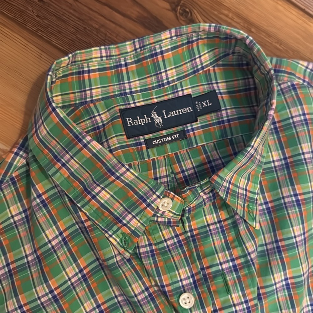 Ralph Lauren Custom Fit Plaid Shirt XL – Green & Navy with Orange